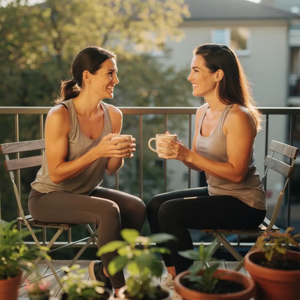 Two friends sharing tea on a sunny balcony after a workout