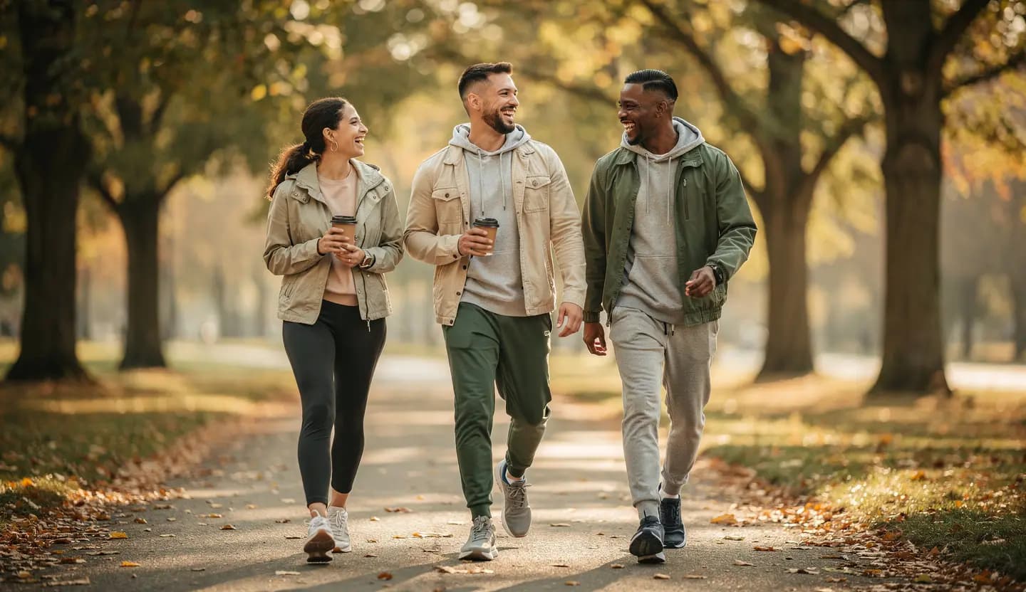 Three friends walking together along a tree-lined path in the morning